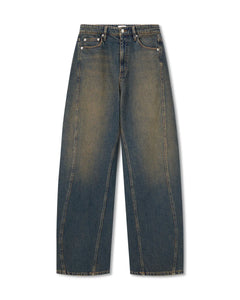 Jean large en denim 100% coton avec un délavage vintage bleu foncé, coupe droite et taille moyenne, idéal pour toutes les morphologies.