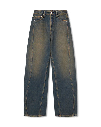 Jean large en denim 100% coton avec un délavage vintage bleu foncé, coupe droite et taille moyenne, idéal pour toutes les morphologies.