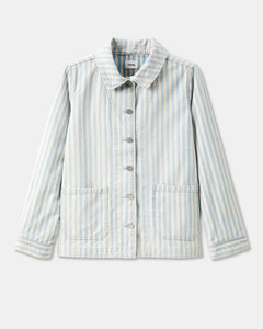 Veste en coton léger à rayures bleues et blanches, coupe droite décontractée avec poches plaquées et boutons métalliques, idéale pour un style casual féminin.