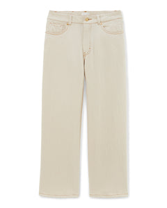 Jean droit en denim écru 100% coton avec une coupe confortable et un tombé fluide, idéal pour femme cherchant un pantalon à la fois élégant et décontracté.
