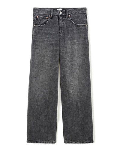Jean femme en denim 100 % coton de couleur gris poussière, coupe loose avec jambes larges pour un confort et un style décontracté adapté à toutes les morphologies.