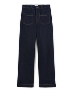 Jean femme en denim brut bleu foncé, coupe droite large, matière 100 % coton avec poches plaquées à l'avant, idéal pour toutes morphologies.