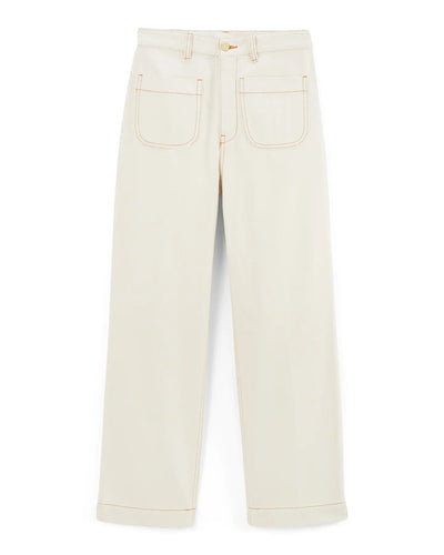 Jean femme en denim écru clair, coupe large et droite, tissu 100 % coton avec surpiqûres contrastantes, idéal pour un style décontracté et estival.