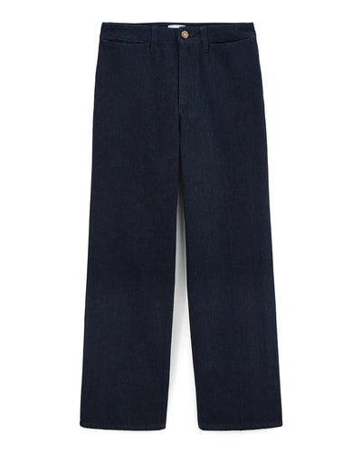 Jean femme en denim brut 100 % coton, coupe large et droite, couleur indigo foncé, matière rigide et structurée, idéal pour toutes les morphologies.