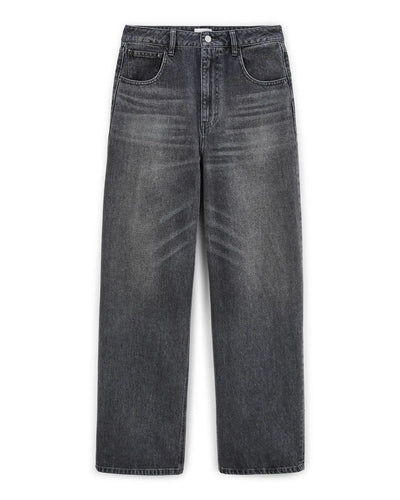 Jean large en denim gris moyen 100% coton avec coupe droite et taille moyenne, offrant un confort adapté à toutes les morphologies féminines.