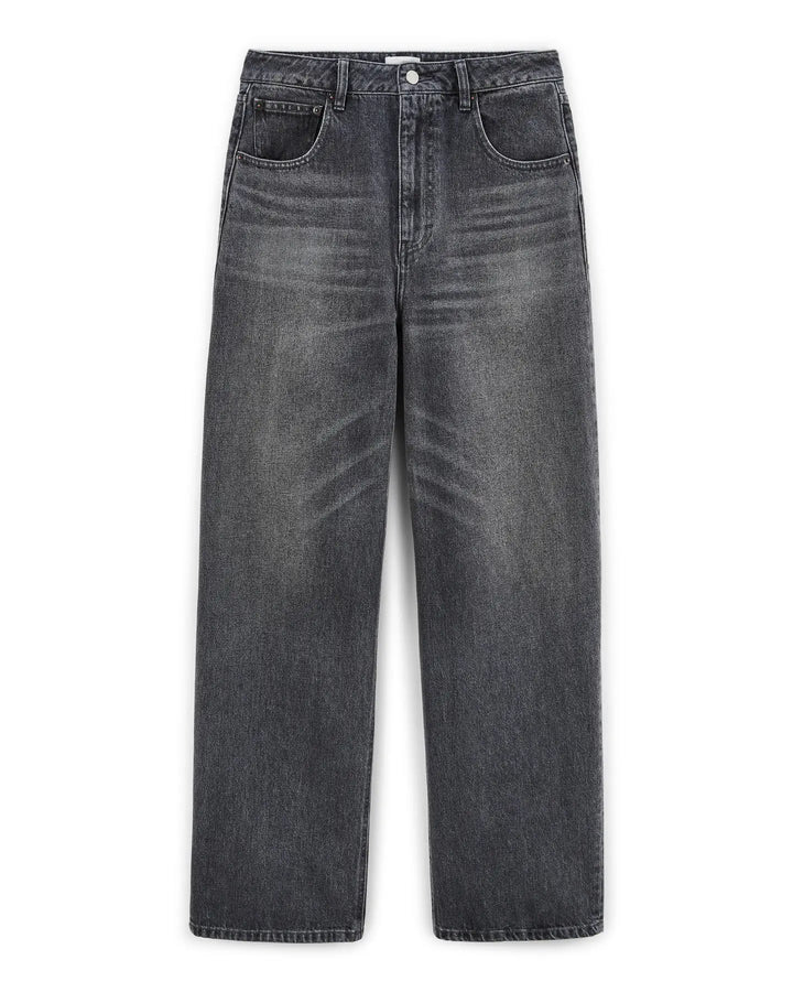 Jean large en denim gris moyen 100% coton avec coupe droite et taille moyenne, offrant un confort adapté à toutes les morphologies féminines.