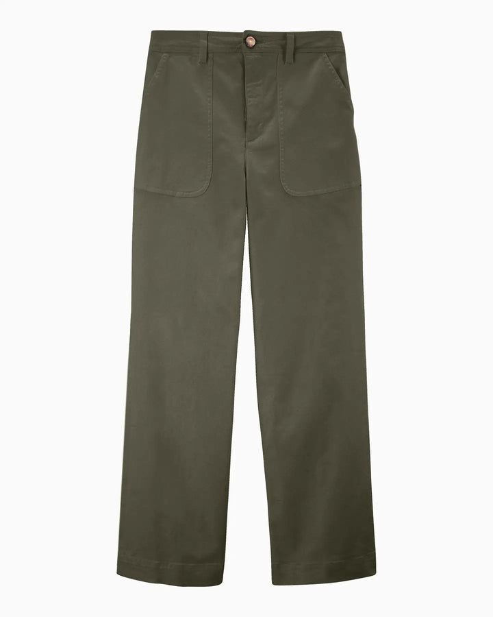 Pantalon femme en coton kaki stretch, coupe droite avec poches plaquées, tissu léger et confortable adapté à toutes les morphologies.