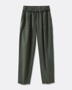 Pantalon femme en popeline kaki, coupe droite avec taille élastiquée, matière légère et douce idéale pour l'été, s'adapte à toutes les morphologies.
