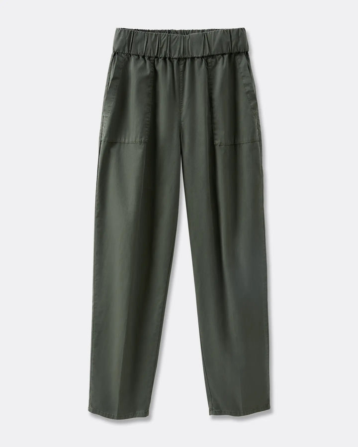 Pantalon femme en popeline kaki, coupe droite avec taille élastiquée, matière légère et douce idéale pour l'été, s'adapte à toutes les morphologies.