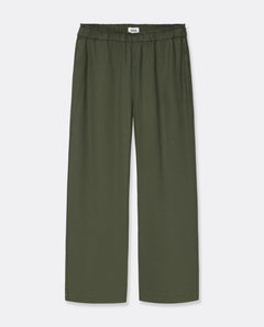 Pantalon femme en tissu Tencel kaki, coupe droite et fluide avec taille élastique, conçu pour s’adapter confortablement à toutes les morphologies.