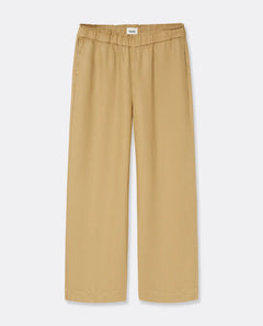 Pantalon femme en tissu Tencel couleur praline, coupe droite et fluide avec taille élastiquée pour un ajustement confortable et élégant.