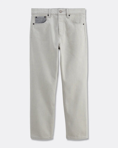 Jean droit en denim non teinté de couleur granit clair, 100% coton, coupe adaptée à toutes les morphologies féminines pour un confort optimal.