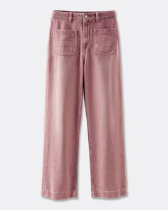 Jean droit femme en denim rose quartz, 100 % coton, coupe confortable et adaptée à toutes les morphologies avec grandes poches avant arrondies.