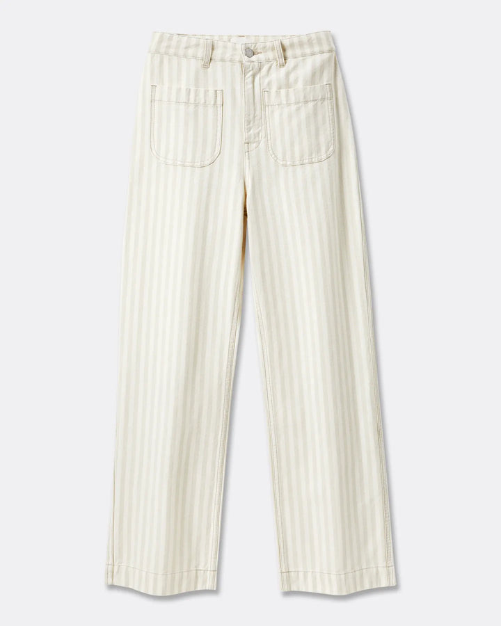 Pantalon en denim léger couleur sable à rayures fines, coupe droite avec taille haute et poches plaquées, adapté à toutes les morphologies féminines.