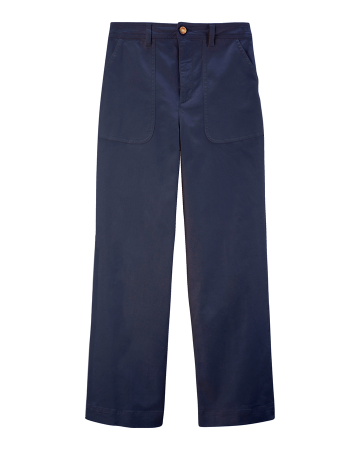 Pantalon femme en coton marine avec coupe droite et grande poche avant, tissu stretch pour un confort optimal et une silhouette ajustée qui s’adapte à toutes les morphologies.