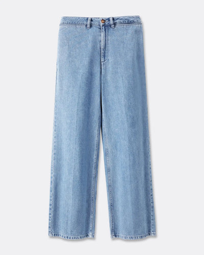 Jean femme en denim coton clair à teinte pastel, coupe droite et large pour un confort et un style décontracté adapté à toutes les morphologies.