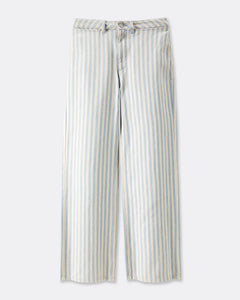 Jean femme en denim 100% coton avec rayures verticales beiges et bleues, coupe droite et confortable adaptée à toutes les morphologies.