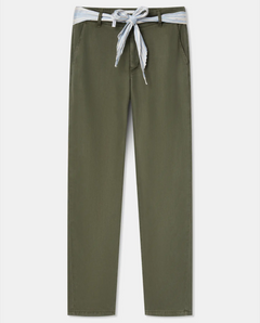 Pantalon pour femme en tissu Tencel kaki, coupe droite et ajustée, avec ceinture nouée rayée pour un style décontracté et élégant, idéal pour l'été.