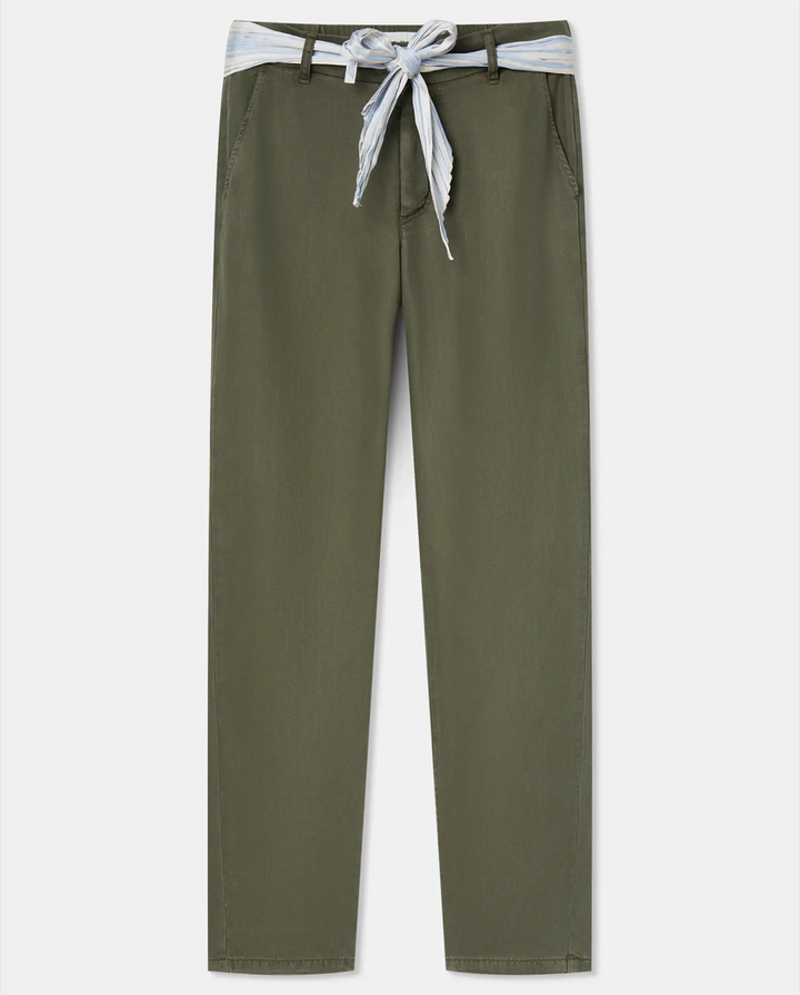 Pantalon pour femme en tissu Tencel kaki, coupe droite et ajustée, avec ceinture nouée rayée pour un style décontracté et élégant, idéal pour l'été.