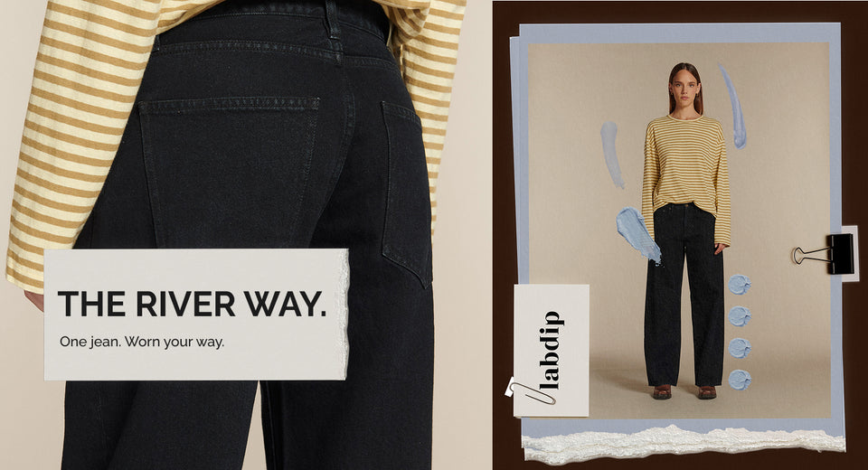 Collage présentant un jean pour femme en denim noir, à taille haute et coupe large à jambes amples, vu de dos et porté en pied.