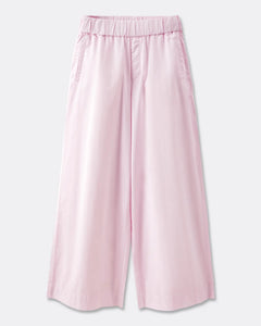 Pantalon femme en popeline légère rose pâle, coupe large et fluide avec taille élastique pour un confort optimal, idéal pour l'été.