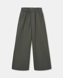 Pantalon femme en popeline de coton kaki, coupe large et fluide avec taille élastiquée, idéal pour une silhouette décontractée et élégante en été.