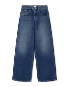 Jean large en denim bleu stone mid-blue, coupe droite et taille moyenne, 100% coton, idéal pour femme recherchant confort et style décontracté.