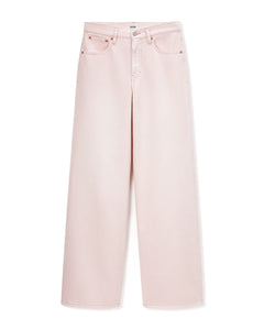 Jean flare large pour femme en denim rose clair, coupe ample et fluide, confection 100 % coton, idéale pour toutes morphologies.