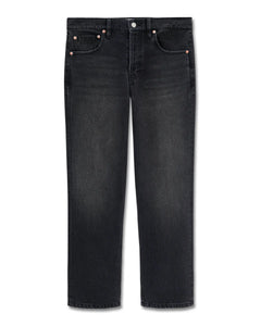 Jean droit pour femme en denim 100% coton de couleur noire délavée, coupe classique avec taille moyenne, adapté à toutes les morphologies.