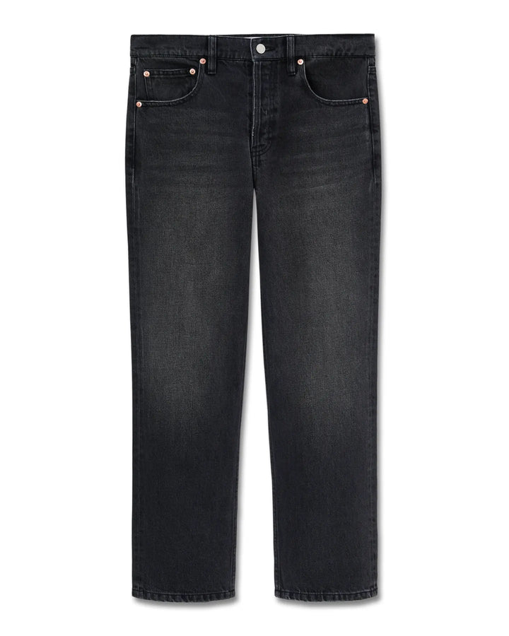 Jean droit pour femme en denim 100% coton de couleur noire délavée, coupe classique avec taille moyenne, adapté à toutes les morphologies.
